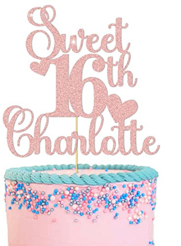 GuteGifts Personalised Sweet 16 Cake Toppers Lovely 16 Birthday Party Decorations | Custom with Any Name Any Age | Multicolour Glitter 13th 16th 18th 21st 30th (Rose gold)