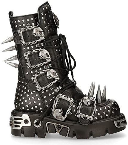 New Rock 1535-S1 Stivali Alti Militari Pelle Nera a Punta in Metallo con Fibbie Punk EMO
