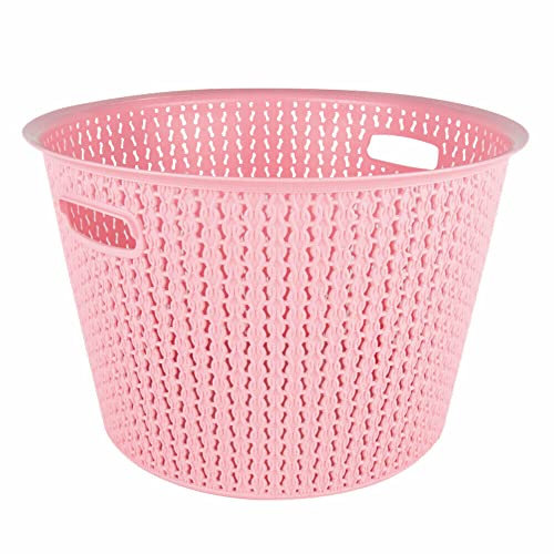 35L Plastic Laundry Basket Clothes Washing Bin Storage Hamper Round Knitted (Pink)