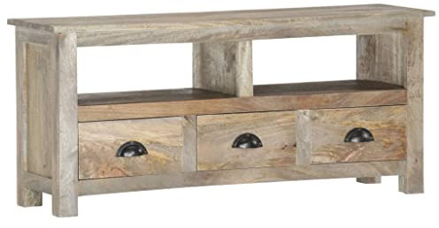 vidaXL TV Cabinet - Solid Mango Wood TV Stand with Two Shelves and Three Drawers - Retro Style - Grey Oak Finish - Living Room & Entertainment Area Furniture