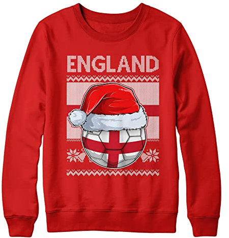 England Christmas Jumper Sweatshirt Unisex Boys and Girls Funny Santa Hat Flag with Football Xmas Fair Isle Ugly Sweater World Champions Gift Cup 2022, 12-13 Years, Red