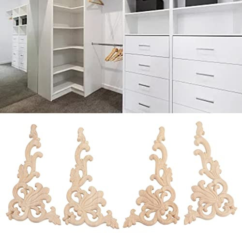 Atyhao 4 Stück Holz Geschnitzte, Servierplatten Platten & Tabletts Applikationen, Zierleisten, Holzecken, Onlay-Rahmen, Blumenmuster, Holzschnitzerei, Aufkleber für Möbel, Haustür, Schrank