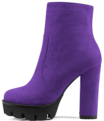 NobleOnly Donna Chunky Blocco Alto High Piattaforma Tacco Heel Rotonda Punta Stivaletti Cerniera Feste Classico Stivali