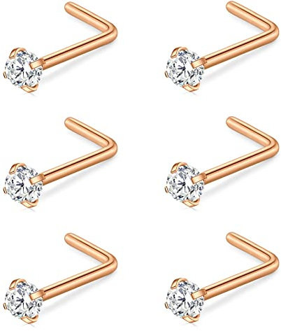 incaton Piercing Nez 18G 20G Anneau de Nez en Acier Chirurgical 0.8mm 1.0mm Nez Piercing en L Forme CZ Ensemble de Bijoux pour Piercing Argent Or rose Or