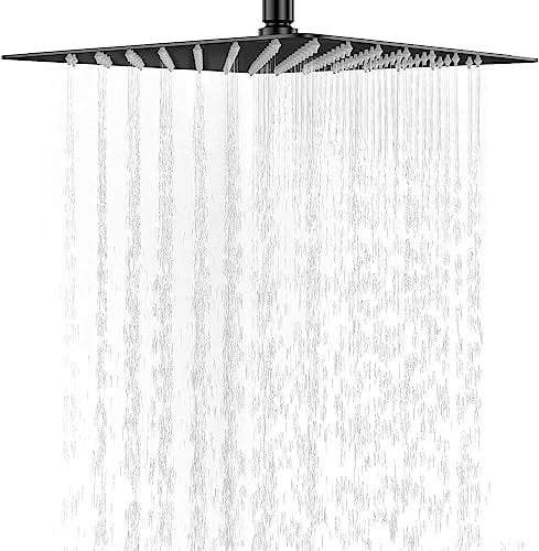 AUGIRKI Square Rainfall Shower Head, 10 inch Large Overhead Fixed Rain Showerhead with Angle Adjustment, Stainless Steel 304 with Matte Black - Standard Fitting, Easy Replacement