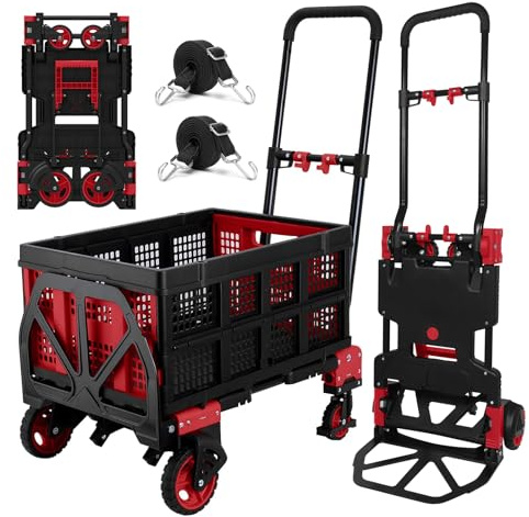 2-in-1 Sackkarre mit klappbarem Korb, zusammenklappbare Sackkarre, strapazierfähig, 150 kg Kapazität, faltbarer Handwagen mit einziehbarem Griff und Gummirädern, Dolly Cart mit Bungee-Seilen zum