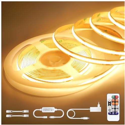 Striscia LED COB 24V 5M, Luce Calda 3000K, Dimmerabile con Telecomando RF, Impermeabile IP44, Autoadesiva, con Alimentatore, 480 LEDs/M, CRI>90, per Cucina, Bagno, Soggiorno, Camera da Letto, TV