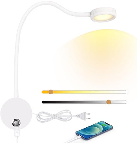 ERWEY LED Wandleuchte weiße Leselampe Wand, Bettleuchte mit Touch Button Einstellbar Licht 3000-6000K, 4W Bettlampe 360° Flexible Schwanenhals Lampe mit USB-Ladeanschluss für Bett, Schlafzimmer