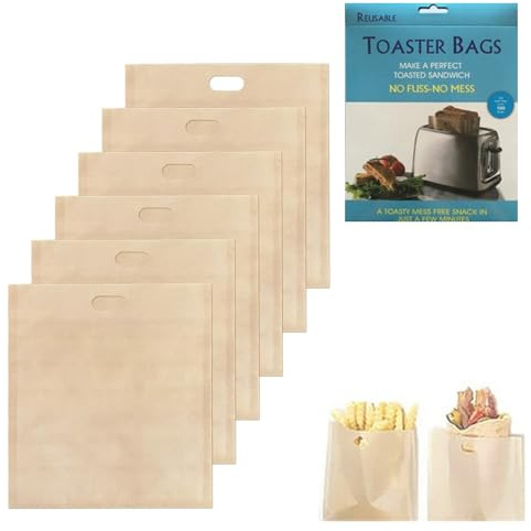 ieron Lot de 6 sacs à grille-pain réutilisables, antiadhésifs, en plastique téflon robuste, faciles à ouvrir, sacs à grille-pain pour grille-pain, micro-ondes, grille-pain, sacs lavables 17 x 19 cm