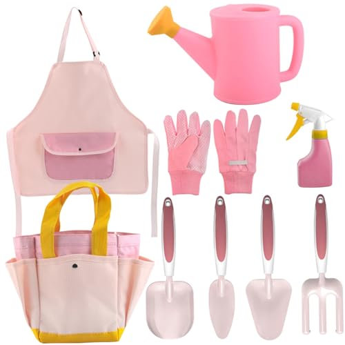 Gartenset für Kinder 9-teilig Gartenspielzeug für Kleinkinder inklusive Gießkanne Handschuhe Schaufel Rechen Garten-Einkaufstasche Schürze Sprühgerät Gartengeräte für Kinder im Alter von 3–5 Jahren