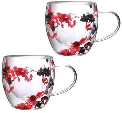 Tasses en Verre Transparent à Double Paroi Tasses à Café Créatives Résistantes à la Chaleur avec Poignée Fleurs Tasse en Verre à Double Isolation pour Boissons Chaudes et Froides(rouge noir)