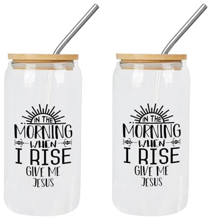 Yelolyio 2 Gläser mit Deckel und Strohhalmen in The Morning When I Rise, Give Me Jesus, Glasbecher, Muttertagsgeschenk, Tassen, ideal zum Entsaften von Kaffee, Limonade, Tee