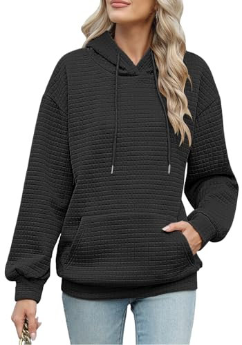 UMIPUBO Womens Fleece Hoodie Long Sleeve Sweatshirt with Pocket Casual Solid Color Waffle Pullover Jumpers Drawstring Hooded Winter Autumn Loose Thermal Tops Blouse for Ladies (Black, L)