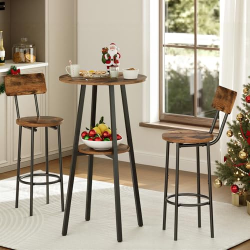 HOOBRO 3 Pieces Round Bar Height Table and Chairs Set, Round Dining Table Set, Pub Table and Chairs for Small Space, 2 Tier Kitchen Table and Bar Stools with Back, Rustic Brown BF35BT01