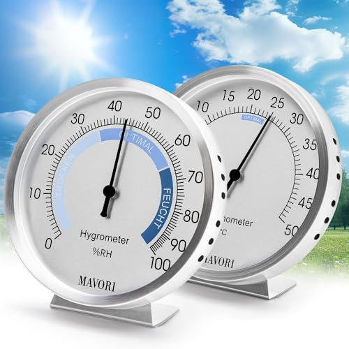 MAVORI® Thermometer Hygrometer innen analog – Thermo Hygrometer innen - Das perfekte Duo für eine zuverlässige Kontrolle des Raumklimas - batteriefreier Betrieb - Ø 9,5 cm