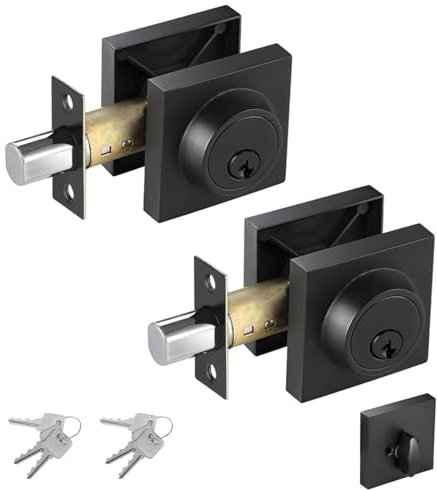 Square Single Cylinder Modern Deadbolt Lock, 2 Pack - Matte Black, Front Door Security Lock, Keyed 1 Side