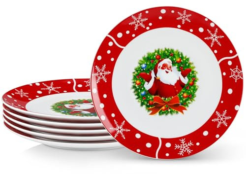 VEWEET, Série SANTACLAUS, 6 Pièces Assiettes Plates de Noël en Porcelaine, 26.7cm, Vaisselle de Noël pour 6 Personnes, Compatible au Lave-vaisselle, Motif Père Noël