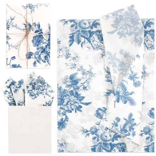 30pcs Peony Tissue Paper, 14x20 Inch Floral Packaging for Gift Wrap, Flower Sheets for Gift Bag, Wedding, Birthday Party (Blue)