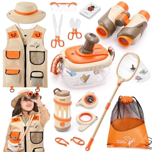 Forscherset Entdecker für Kinder, Outdoor Entdeckerspielzeug mit Safari Kostüm Fernglas Insektenfänger Becherlupen Schmetterlingsnetz Abenteuer Kit Camping Draußen Spielzeug Geschenk Jungen Mädchen