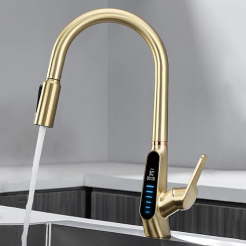 XJTNLB 3 Way Kitchen Taps Pull Out Filter Sink Mixer Tap Brushed Gold Gooseneck Kitchen Mixer Taps with Pull Out Spray 3 Way Tap with Screen Display