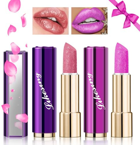 Likesing 2 Pièces Pailleté Rouge a Levre Longue Tenue Rouge a Levre Nude Rose Rouges à Lèvres Sans Transfert Brillant à Lèvres Rouge Lipstick Lip Gloss Kit Femme Fille Maquillage Coffret Cadeau Noël
