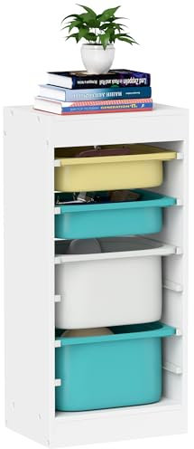 AIYAPLAY Aufbewahrungsschrank für Kinder, Aufbewahrung für Kinderspielzeug, für Bücher und kreative Gegenstände, mit 4 Aufbewahrungsboxen, für Wohnzimmer, Kinderzimmer, 40,8 x 30,8 x 90,3 cm, Weiß