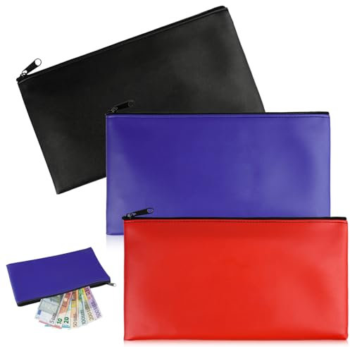 Banktasche, 3 Stück Geldtaschen Banktasche, 28 x 15,5 cm Leder Bankmappe mit Reißverschluss für Haushalt, Business, Schule (Schwarz, Blau, Rot)
