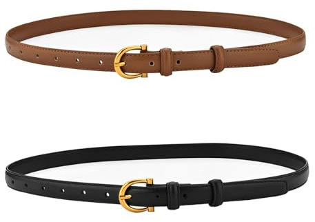 AABDTYYD 2 Confezioni di Cintura Donna,Cintura Elegante Donna Sottile per Jeans,Cintura Donna Pelle PU con Fibbia Dorata,Cintura Alla Moda da Donna per Abiti (Nero,Marrone)