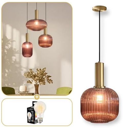 Lumeo creative | Suspension verre fumé Cristali | Lustre vintage pour salle à manger, ilot de cuisine, entree | suspension luminaire salon doré | Suspension vintage (Rouge Brique, B - Poignée Tube)