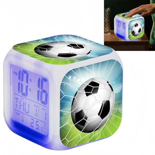 Fußballuhr, digitaler Wecker, Digitaluhr, Fußball-Wecker, Fußball-Schreibtischuhr, Beleuchtungsuhr, Würfel-Fußballwecker mit buntem Nachtlicht, Jungen-Wecker, Jungen-Digitaluhr