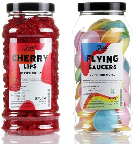 Just Treats Flying Saucers and Cherry Lips - Sweet Gift Jars of Saucers with a Cherry Twist - 13,5