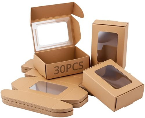 QWORK® 30 pezzi scatole di carta kraft con finestra in PVC trasparente 85 * 60 * 30 mm, scatola di imballaggio regalo per varie celebrazioni