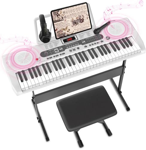 Klaviertastatur für Anfänger, Piano Keyboard for Beginners, 61-Key Electric Keyboard with Keyboard Stand, Piano Bench, Microphone, Earphone, Music Stand, LED-Bildschirm, zwei Lautsprecher, Lehrmodus