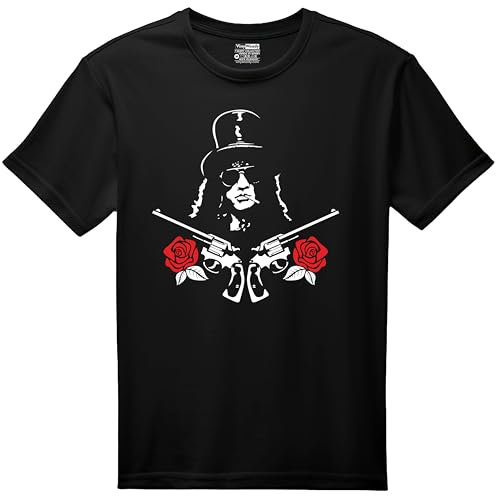 Black Short Sleeve T-Shirt with Guns and Roses, Rocker, Graphic in White and Red, Red Spot Colection, Black/White, S