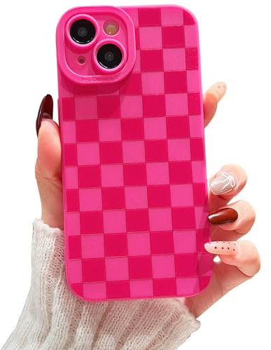 YUMUPIFE Compatible with iPhone 11 Case Cute Checkered Pattern Design for Girls Women, Soft Silicone Shockproof Protective Designed for iPhone 11 Case-Hot Pink