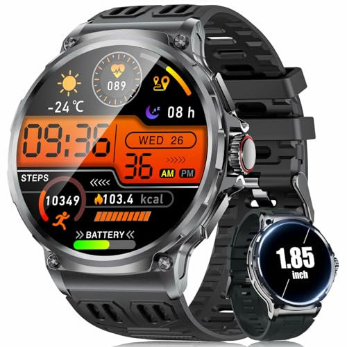 SUNKTA Smartwatch Herren,800 mAh Akku/1,85'' HD-Display-Sportuhr/120+ Sportmodi,IP68 Wasserdicht Großes Fitnessuhr mit Herzfrequenz,SpO2,Schlafmonitor für Android iOS 2 Silikon Armbänders