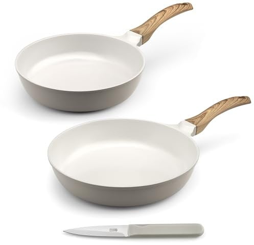 Cuisinox - Mythic - Set cottura e posate - Palo 24/28 cm, coltello da ufficio - Rivestimento in ceramica bianca - Manico fisso Soft Touch effetto legno - Senza PFOA e PFAS