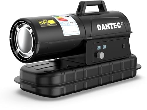 DAHTEC Heizkanone 20 kW Diesel Bautrockner - Beheizbare Fläche: 220 bis 300 m² - Heizgebläse mit Thermostat & Kraftstoffanzeige für Werkstätten, Baustellen und landwirtschaftliche Betriebe