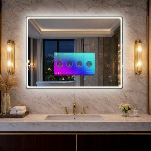 YOURYOKE Espejo de baño inteligente de 32 x 24 pulgadas con pantalla táctil impermeable de 15.6 pulgadas, sistema operativo Android, WiFi/Bluetooth/HDMI, antivaho, luces LED de 3 colores para baño