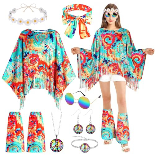 AOOWU Hippie Kostüm Damen Set, 60 er 70er Jahre Hippie Kleidung, Kostüm Hippie, Karneval Kostüm Damen Hippie, Disco Outfit Hippie Accessoires für Karneval Disco Party Cosplay Mottoparty Halloween