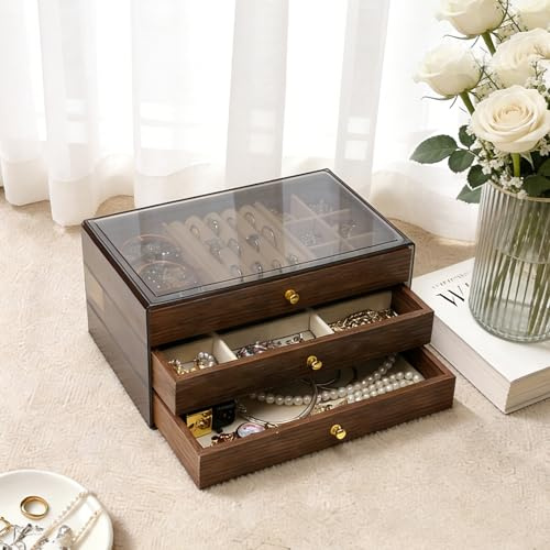 VirtuGro Schmuckkasten Groß mit 3 Schubladen aus Acryl Schmuckaufbewahrung | Jewelry Organizer Schmuckschatulle Vintage Schmuckkästchen Damen Geschenk Schmuckbox für Halsketten Ringe Armband