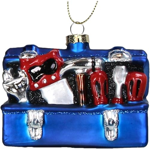HD Collection Christbaumschmuck Glas 9,5cm - Werkzeugkiste Aufhängen - Weihnachtsbaum Anhänger für Weihnachten - Christbaumanhänger & Weihnachtsbaumschmuck - Blau Rot