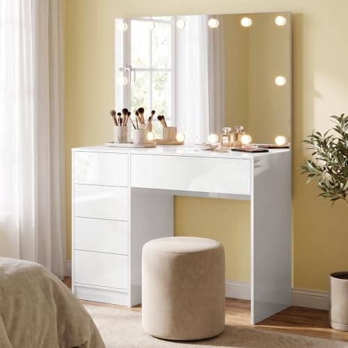 Bellamio Livny Schminktisch mit Hollywood Spiegel, LED, 5 Schubladen, Weiß | Kosmetiktisch mit Beleuchtung, Frisiertisch, 3 Farbstufen, Touch-Sensor, 110x80x53 cm, Make Up Tisch, großer Schminkplatz