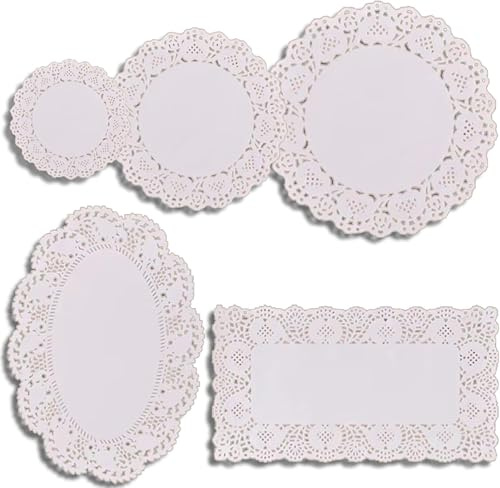 250 Pièces Napperon Papier, BetterJonny Napperon Dentelle de Différentes Tailles Gâteau d'emballage Tapis de Papier pour Gâteau, Décorations de Mariage et Emballages(5.5″/7.5″/9.5″/6.5*9″/7.5*11.8″)