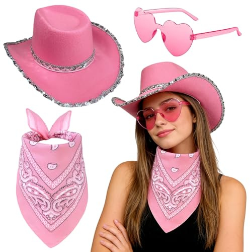JynxtoyZeal Western Cowboy Hut Set für Männer und Frauen, 3pcs Cowgirl Kostüm Zubehör Set, Hut Brille Kopftuch für Maskerade Hen Partys, Bachelor Party Cosplay & Theme nveranstaltungen