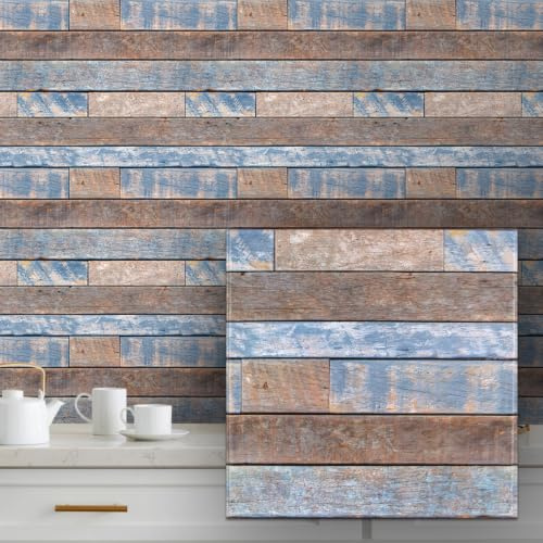 COMSTICKC 3D Wandpaneele Selbstklebend Holzoptik,10 Stück 30x30 cm | 3D Wandverkleidung Selbstklebend Holzoptik Tapete 3D PVC Wandpaneele für Innenwanddekoration (blaubraunes Holz)