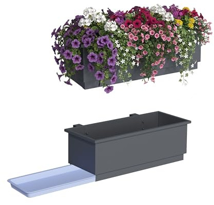 Relaxdays Set de 2 jardineras para barandilla, Acero Antracita, con Drenaje y Bandeja, 17x50x19 cm