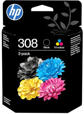 HP 308 Black & Tri-colour Original Ink Cartridges 2-Pack | Compatible with Envy 6110, 6120, 6130, 6520, 6530 ,DeskJet 2910, 2920, 4310, 4320, 4330, yield 160 pages/120 pages (6L6S6UE)