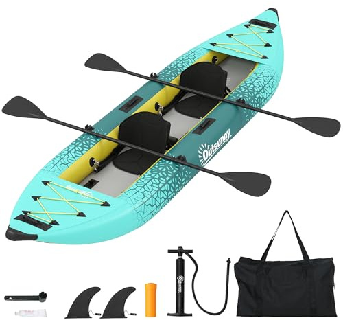 Outsunny 12.5' Inflatable Kayak Set, 2-person Sit on Canoe with Aluminium Oars, Padded Seats, High Back Support, Fins, Carry Bag, Hand Pump & Repair Kit, Blow Up Boat for Adults, Blue and Yellow