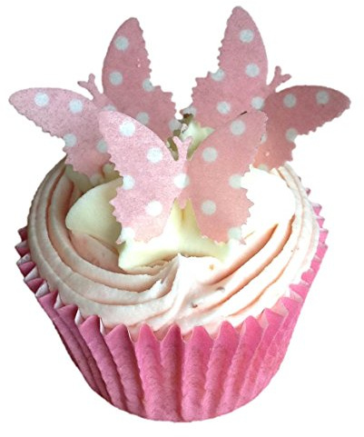 24 x Pre Cut Pink Polka Dot Mothers Day Valentines Butterfly Butterflies Fairy Muffin Cup Cake Toppers Decoration Edible Rice Wafer Paper